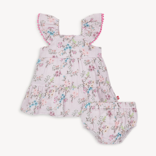 Emily Cotton Magnetic Little Baby Ruffle Sleeve Dress + Diaper Cover Set
