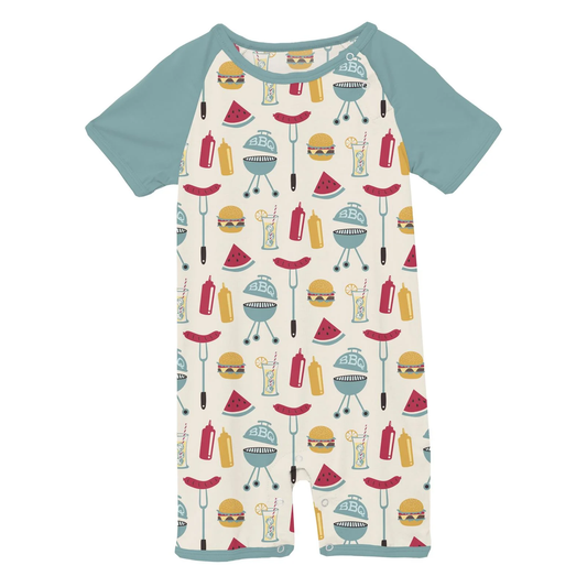 Print Short Sleeve Raglan Romper - Natural BBQ