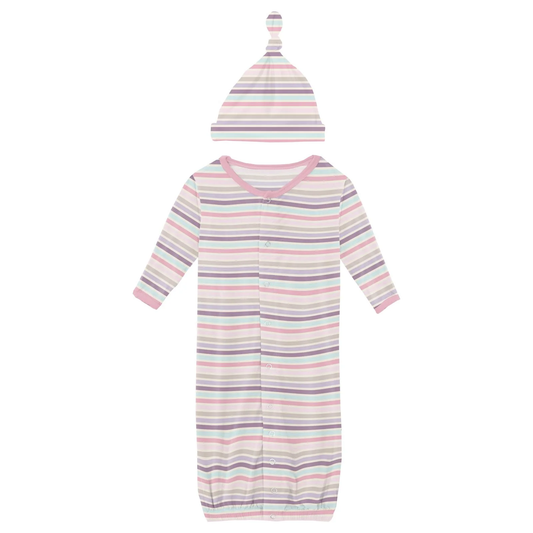 Printed Layette Gown Converter & Single Knot Hat Set - Ice Cream Stripe