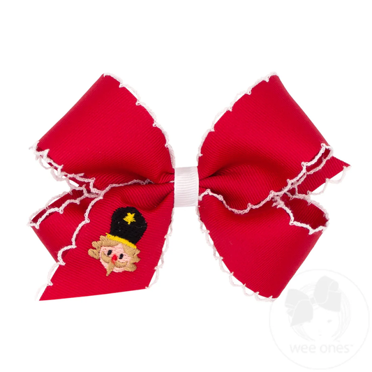 King Grosgrain Hair Bow with Moonstitch Edge and Christmas Embroider - Red Nutcracker