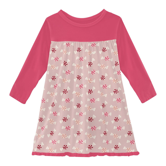 Print Classic Long Sleeve Swing Dress - Baby Rose Peppermints