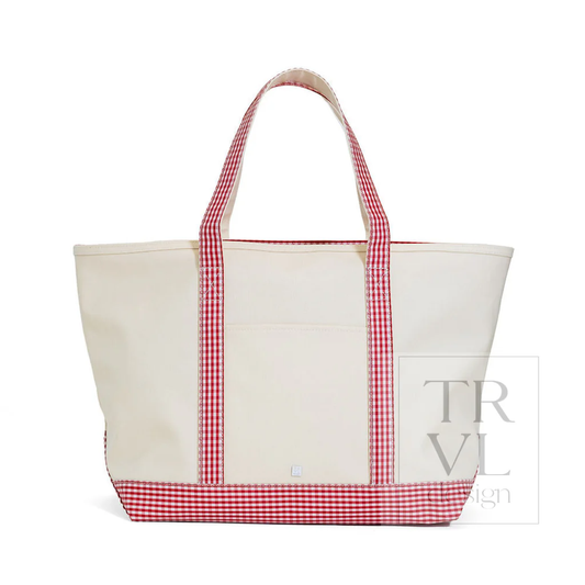 Maxi Tote - Coated Canvas Large Natural with Gingham Red Trim