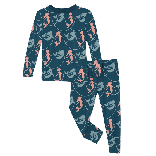 Print Long Sleeve Pajama Set - Peacock Mermaids & Pearls