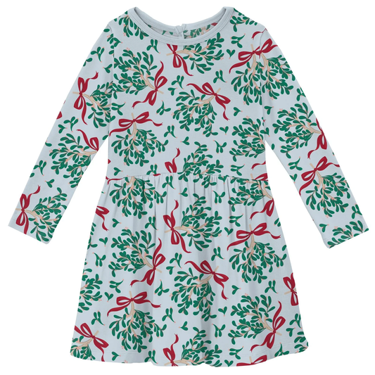 Long Sleeve Twirl Dress W/Pockets - Illusion Blue Mistletoe & Ribbon