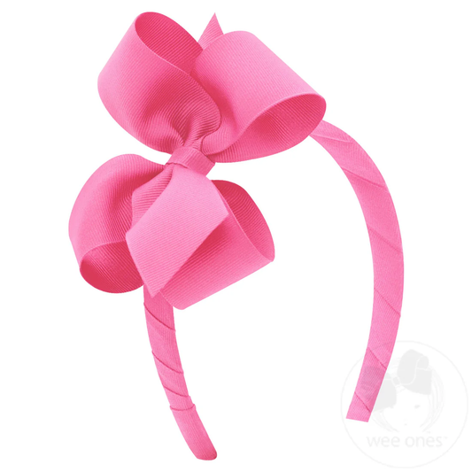 Medium Classic Grosgrain Girls Hair Bow on Headband - Hot Pink