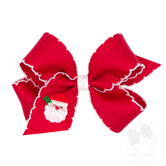 Medium Grosgrain Hair Bow with Moonstitch Edge and Christmas Embroider - Red Santa