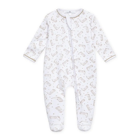 Darling Cowboy Boots Print Zip Footie - Ivory