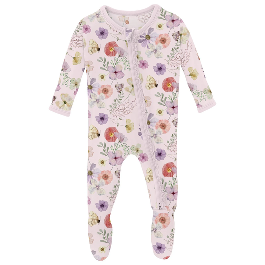 Print Muffin Ruffle Footie with 2 Way Zipper - Shrinking Violet Pressed Flowers