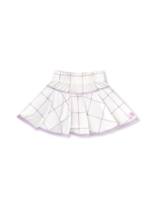 PURE COCONUT WILLINGTON WINDOWPANE CUSTOM PRINT WITH PETAL PURPLE PIPING, WELTING, AND UNDERSHORT