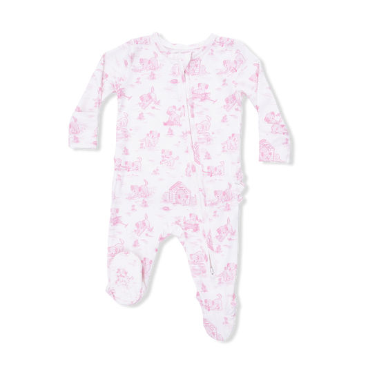 Puppy Toile Pink - 2 Way Zipper Footie