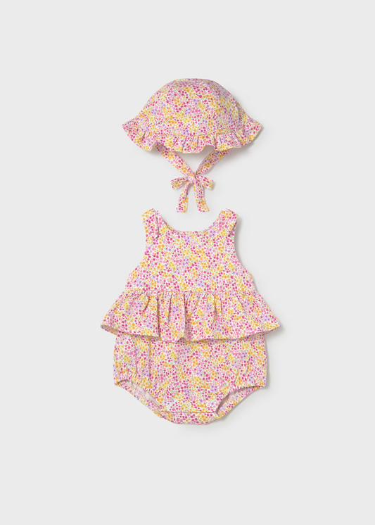 Girl Printed Romper with Hat Set - Pink