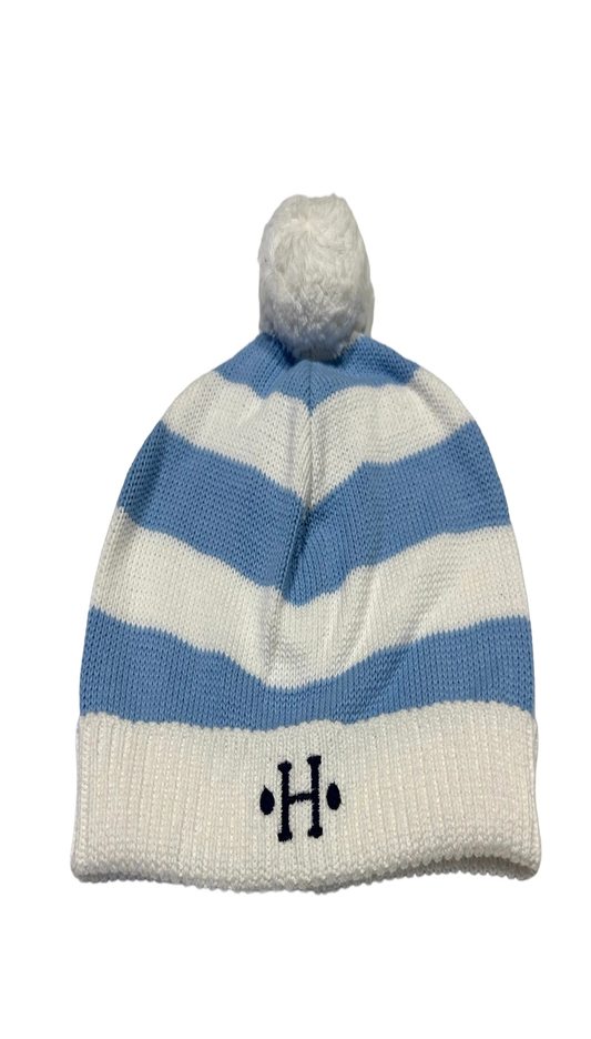 Cotton Striped Hat with Pompom - Blue and White