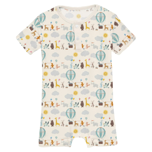 Print Short Sleeve Henley Romper in Natural Animal Parade
