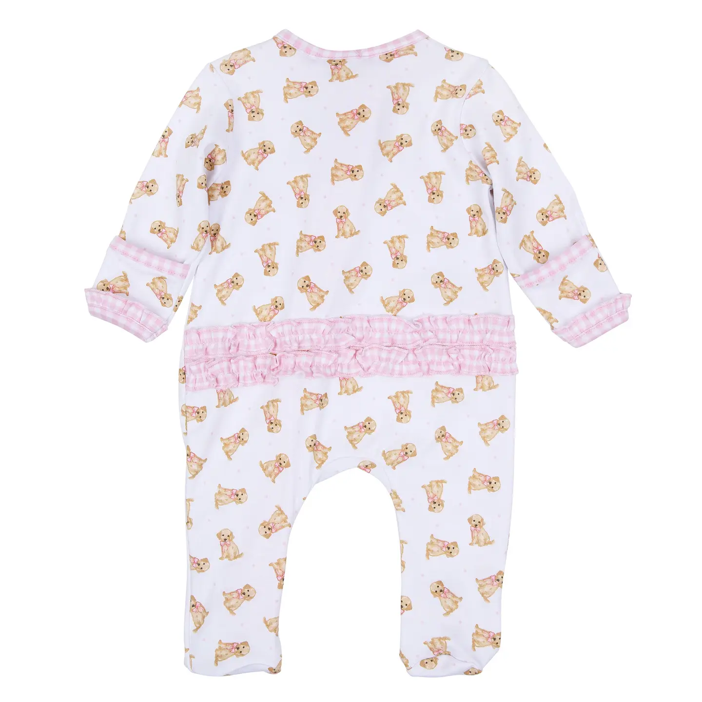 Sweet Golden Print Ruffle Zip Footie - Pink