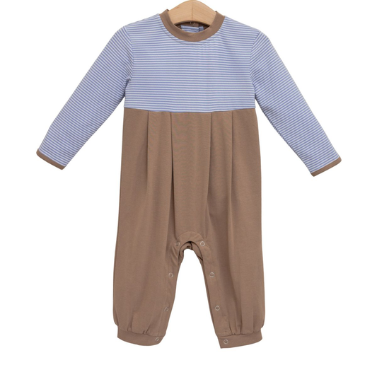 Preston Romper - Dusty Blue Stripe/Brown