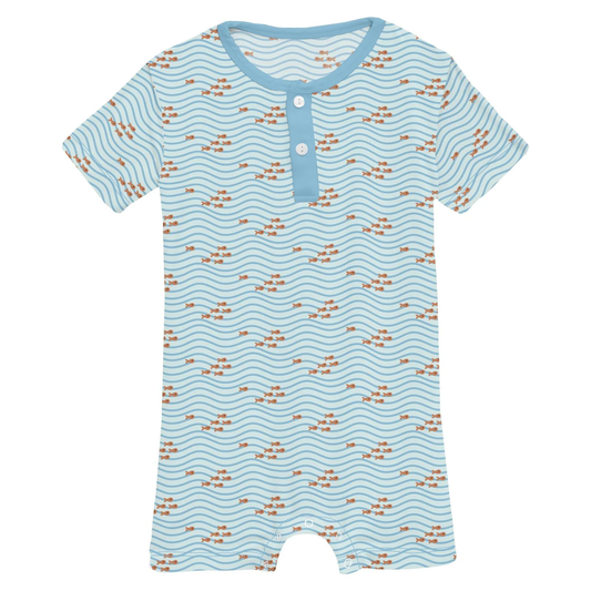 Print Short Sleeve Henley Romper in Fresh Air Little Fishy