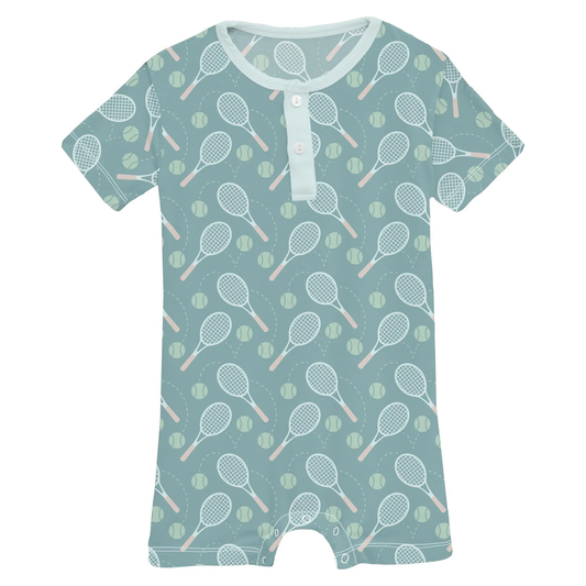 Print Short Sleeve Henley Romper in Jade Tennis