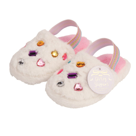 White Jeweled Fur Slippers