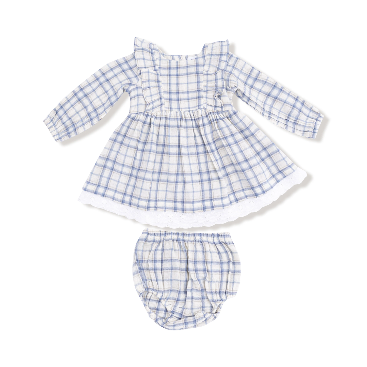 Blue Plaid - Long Sleeve with Eyelet Hem and Diaper Cover