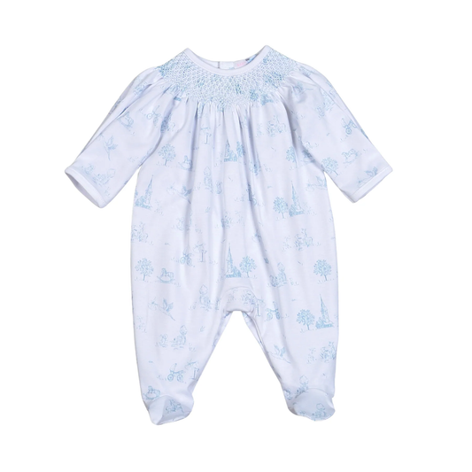 Blue Baby Toile Pima Hand Smocked Footie