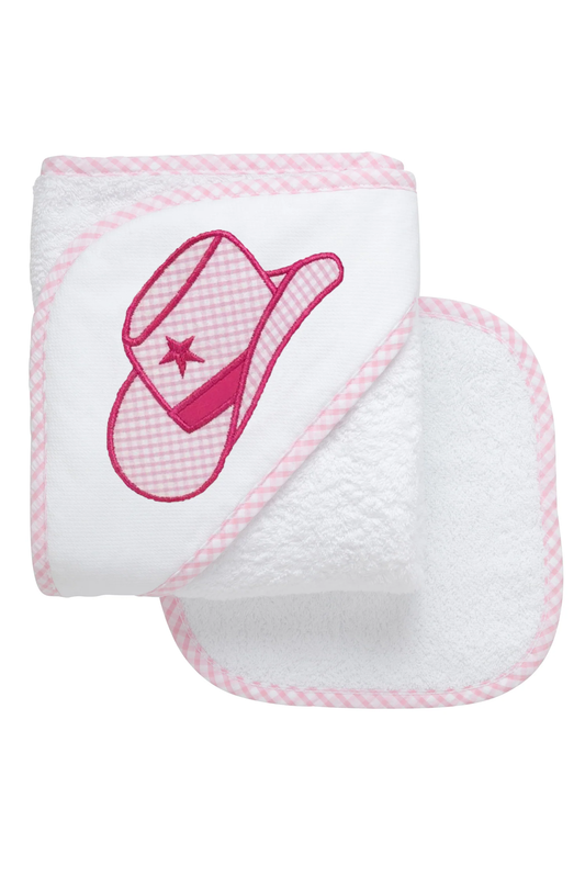 Cowgirl Hat Baby Hooded Towel & Washcloth Set - Pink