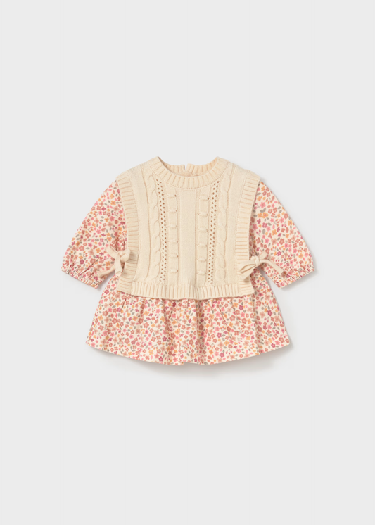 Newborn Girl Printed Dress with Vest - Cream