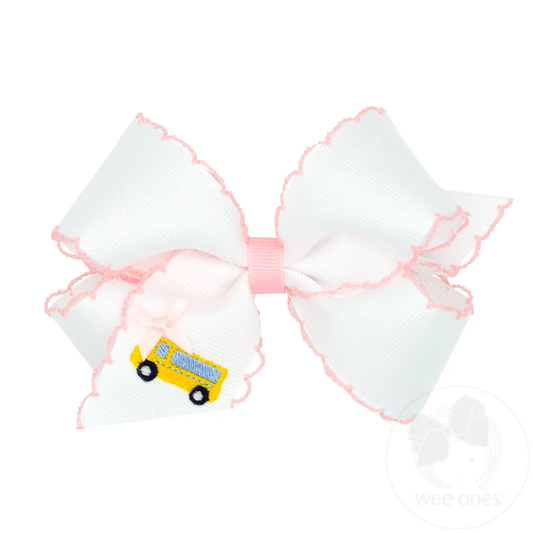 Medium Grosgrain Hair Bow with Moonstitch Edge and School-themed Embroidery-Bus