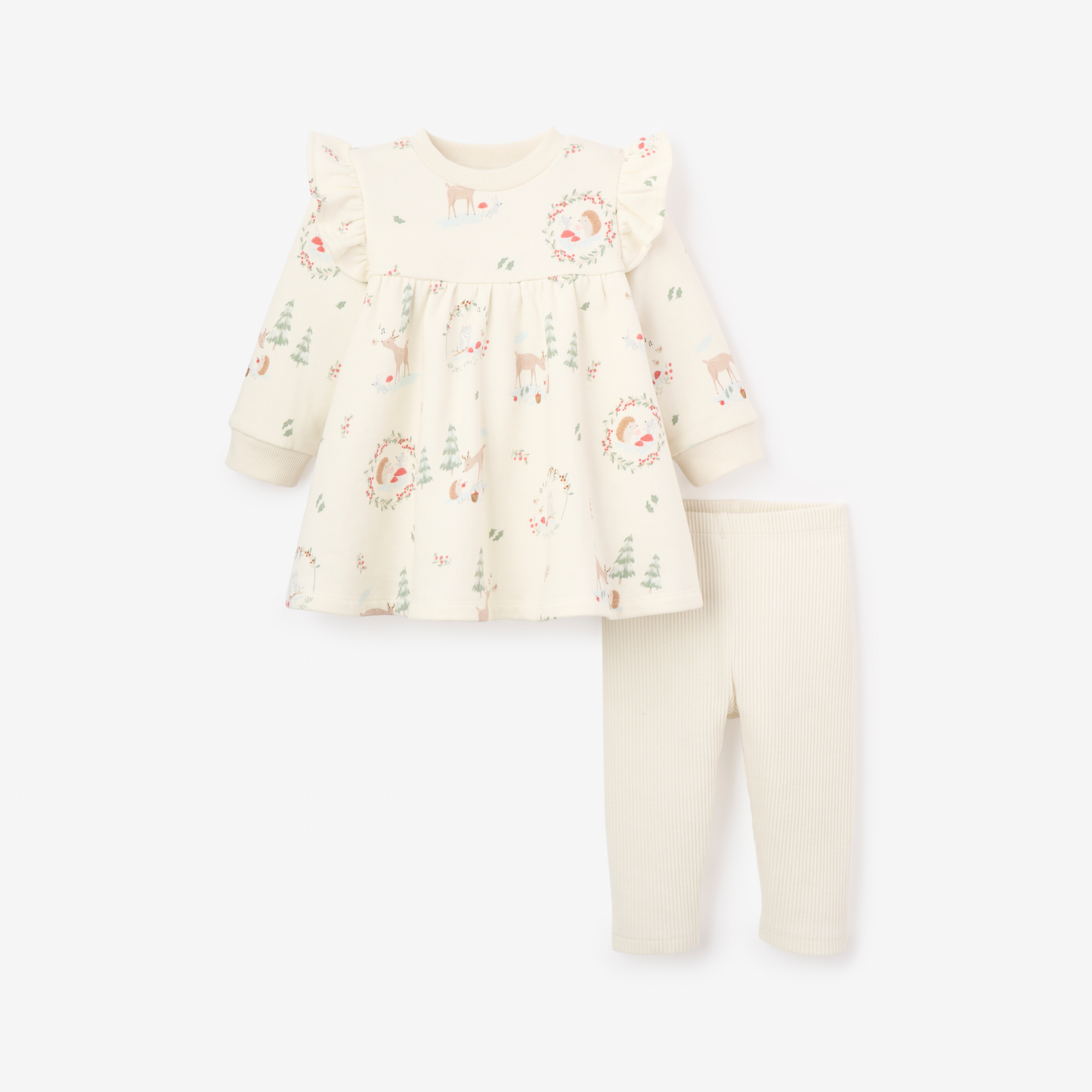 Forest Christmas Flutter Sleeve Organic Cotton Fleece Dress + Ribbed Leggings