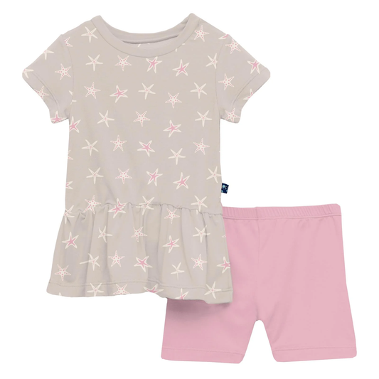 Print Short Sleeve Playtime Outfit Set in Latte Starfish