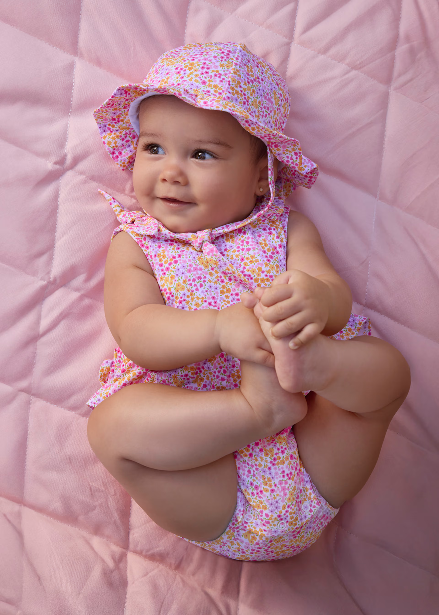Girl Printed Romper with Hat Set - Pink
