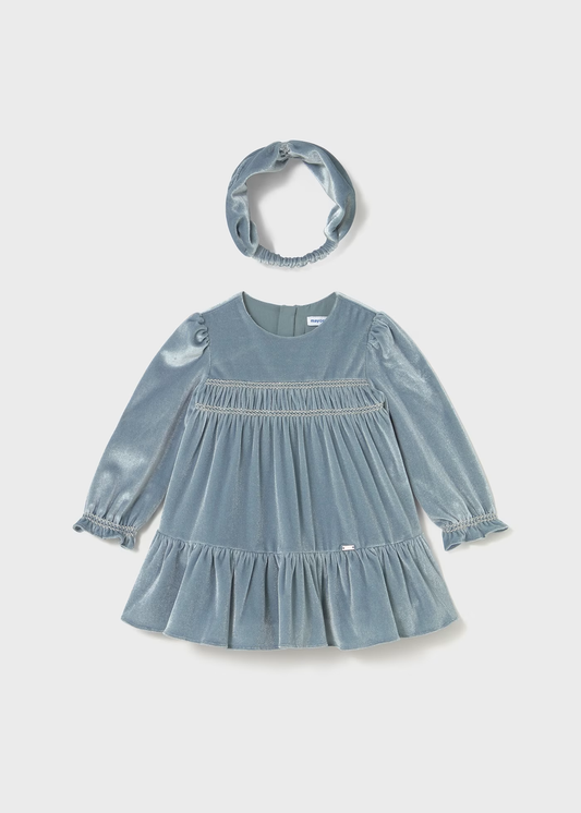 Baby Velvet Dress with Headband - Blue Bell