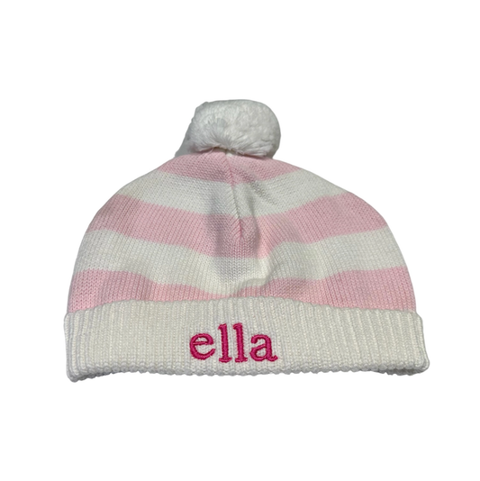 Cotton Striped Hat with Pompom - White and Pink