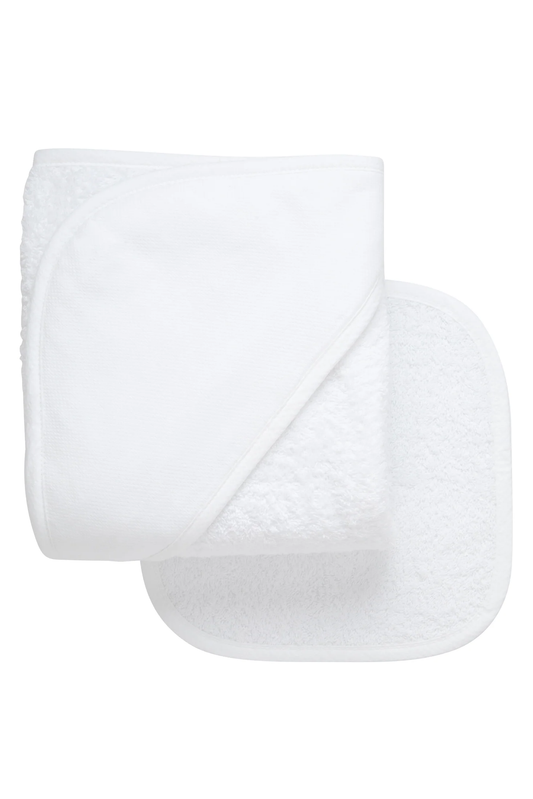 Seersucker Stripe Trim Baby Hooded Towel & Washcloth Set - White