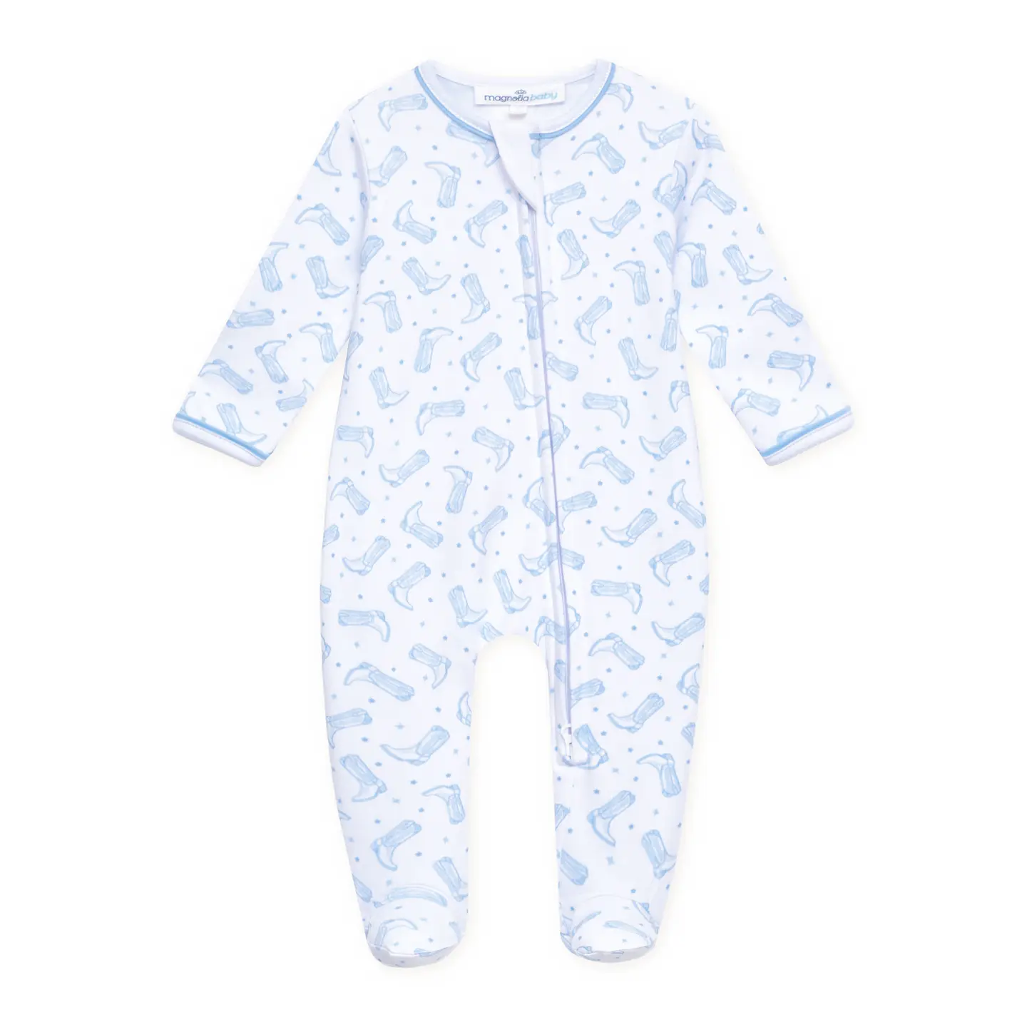 Darling Cowboy Boots Print Zip Footie - Light Blue