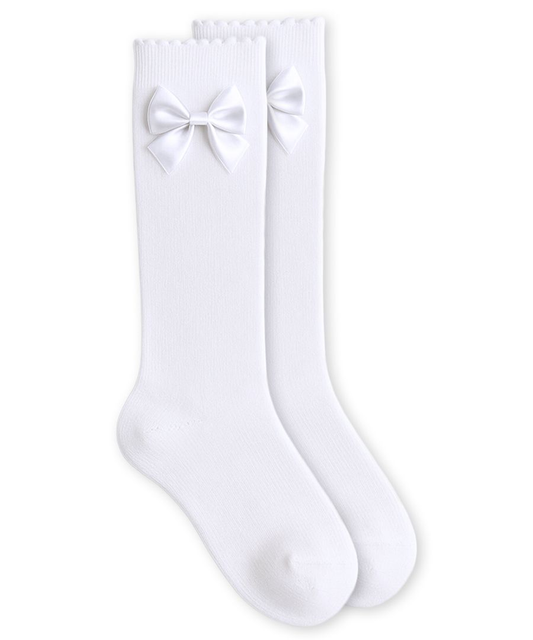Jefferies Socks Satin Bow Scalloped Top Cotton Knee High Socks 1 Pair - White