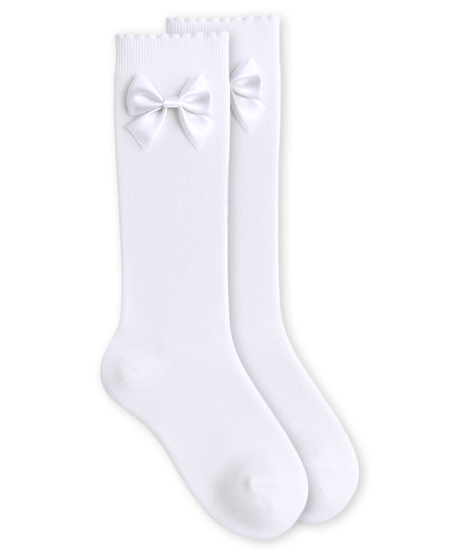 Jefferies Socks Satin Bow Scalloped Top Cotton Knee High Socks 1 Pair - White