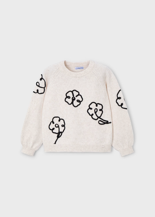 Girl Flowers Applique Knit Sweater - Cream