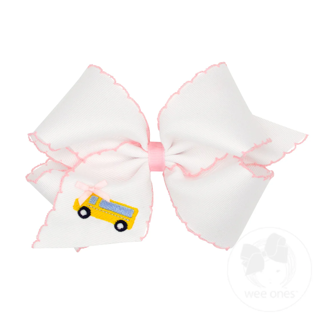 King Grosgrain Hair Bow with Moonstitch Edge and School-themed Embroidery-Bus