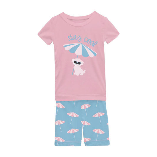 Short Sleeve Graphic Tee Pajama Set with Shorts in Seaside Blue Beach Umbrellas