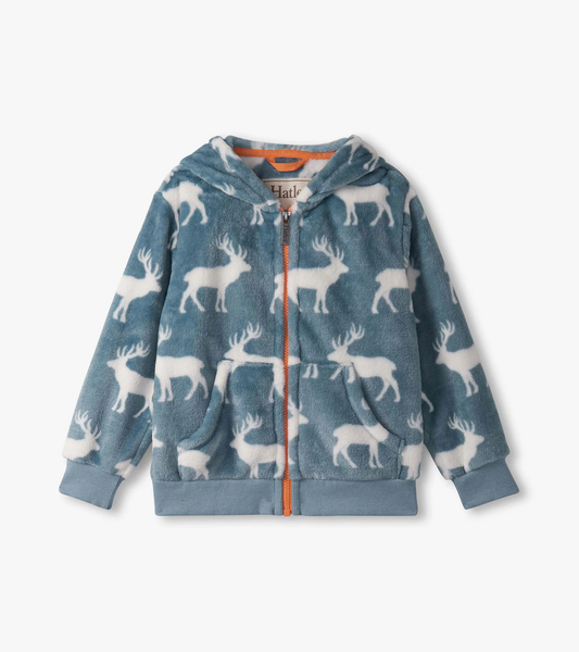 Staggered Elks Fuzzy Fleece Zip-Up Hoodie