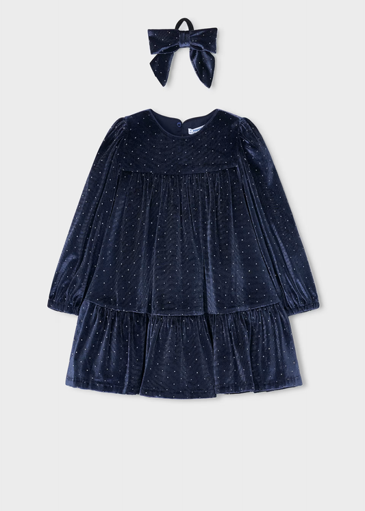 Girl Velvet Dress With Scrunchie - Navy