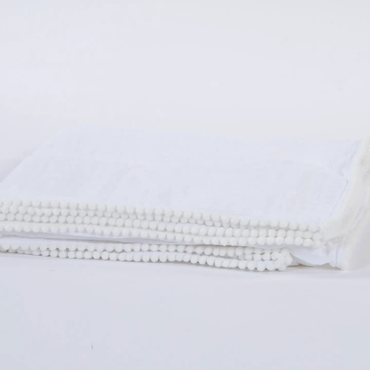 Swaddle Baby Blanket with Pompom Edge - White and White