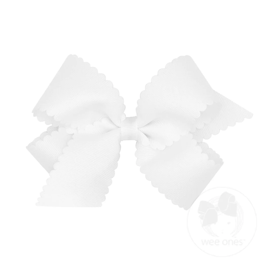 Medium Grosgrain Hair Bow with Scalloped Edge - White