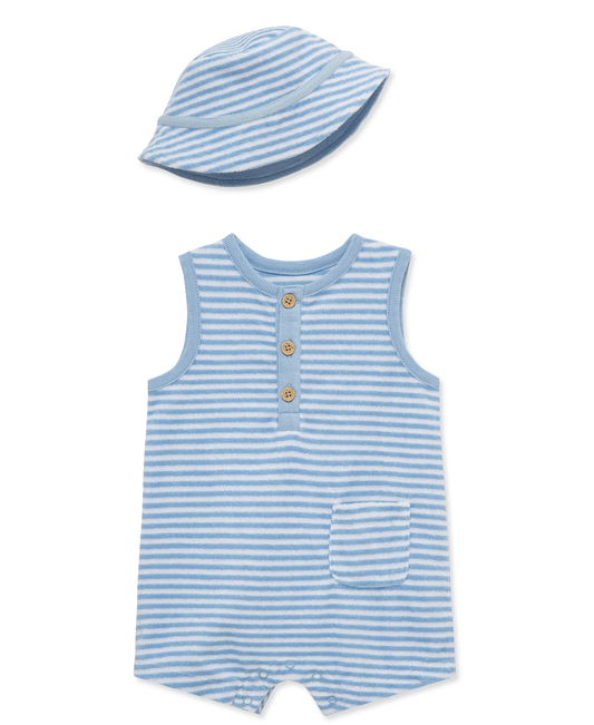 White and Blue Stripe Romper and Hat