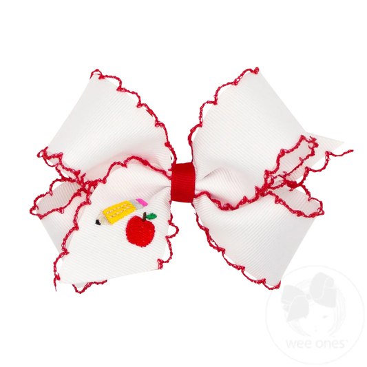 Medium Grosgrain Hair Bow with Moonstitch Edge and School-themed Embroidery-Pencil