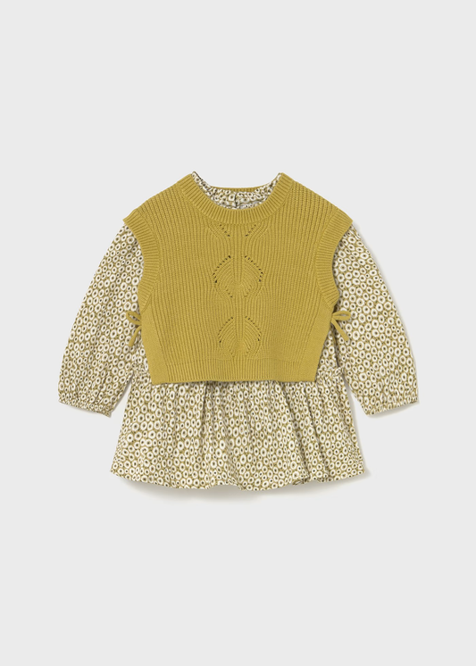 Baby Dress with Faux Knit Vest - Light Olive