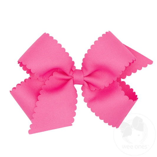 Medium Grosgrain Hair Bow with Scalloped Edge - Hot Pink