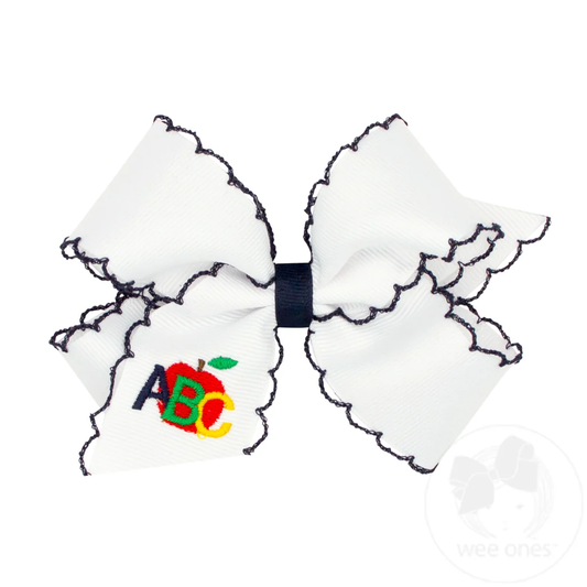 King Grosgrain Hair Bow with Moonstitch Edge and School-themed Embroidery-ABC