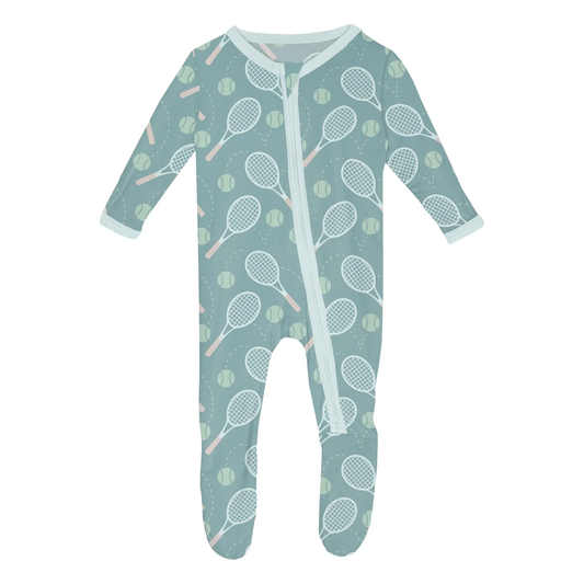 Print Footie with 2 Way Zipper in Jade Tennis