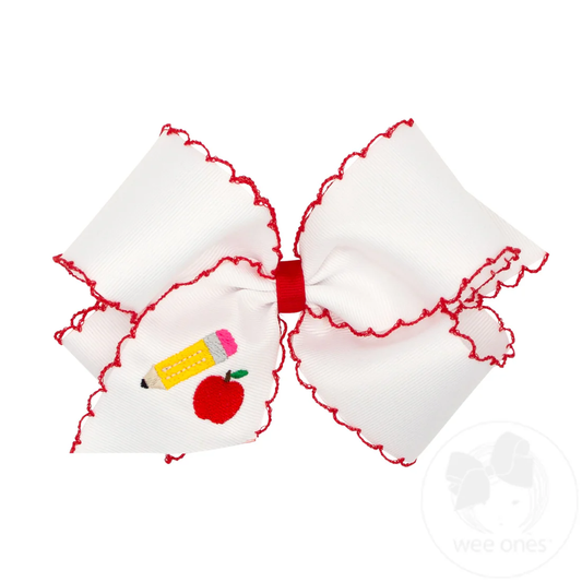 King Grosgrain Hair Bow with Moonstitch Edge and School-themed Embroidery-Pencil